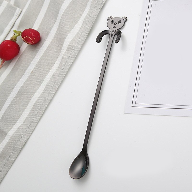 20 cm Panda lindo cuchara de café de acero inoxidable cuchara con forma de Panda cucharadita de postre de cuchara helado Mini vajilla de cucharas: Negro