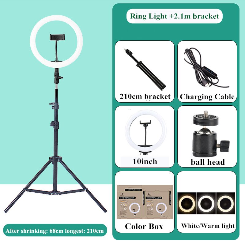 10 Inch Rgb Video Licht 16 Kleuren Rgb Ring Lamp Voor Telefoon Met Afstandsbediening Camera Studio Grote Licht Led 48 "Stand 160Cm Voor Youtuber: 10INCH 2.1M Tripod