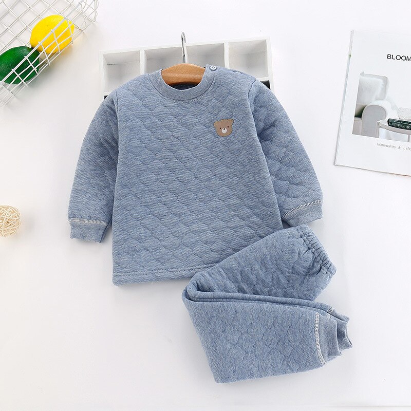 Ensemble de haut et pantalon de pyjama pour enfant rembourré en coton,vêtement à 3 couches, épais pour garder les petits au , unisexe,: Bleu / 24M