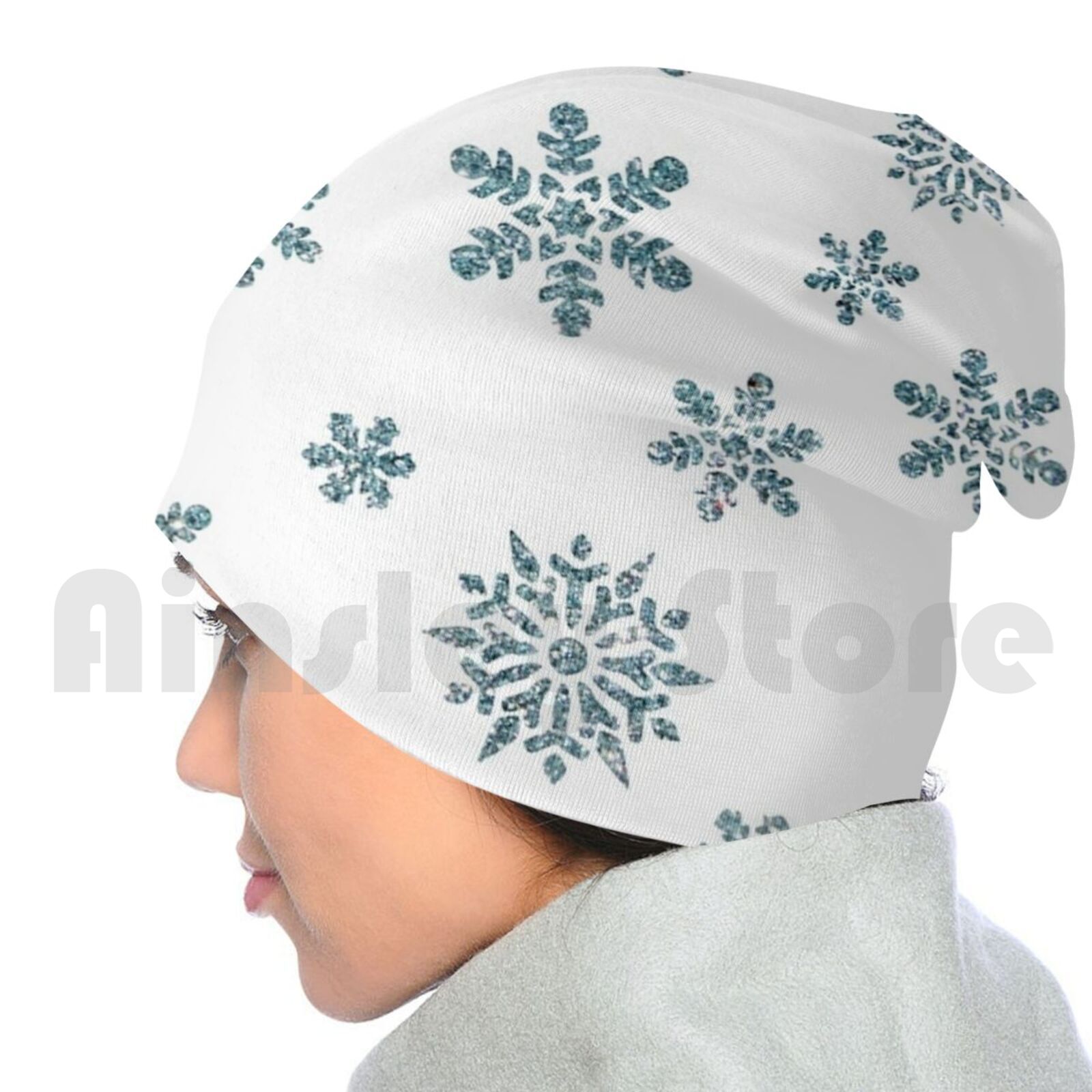 Snowflakes-Snow Beanies Pullover Cap Comfortable Winter Snow Flake Blue Sparkling Flakes Year Year End Party