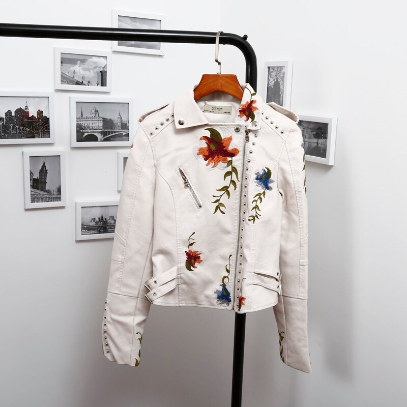 FTLZZ-chaqueta de cuero PU con bordado Floral para mujer, abrigo con cuello vuelto, ropa de calle, prendas de vestir Punk negras para motocicleta