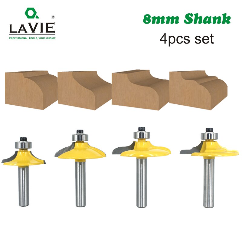 LAVIE 4pcs 8mm 12mm 1/2 Shank Drawer Router Bit Set Round Over Beading Edging Mill Wood Milling Cutter Carbide Woodwork MC02181: 8mm Shank