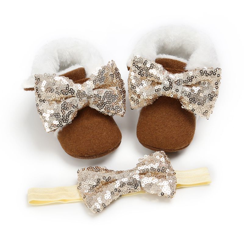 Botas para bebé recién nacido, botas para niño niña, zapatos de cuna, zapatos cálidos de invierno para la nieve, Princesa, con diadema, 2 uds.