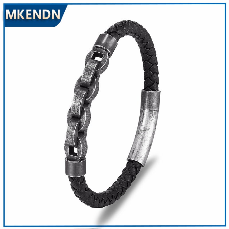 MKENDN Punk Rock bracciale in pelle da uomo Biker Link Chain gioielli Viking bracciali maschili in acciaio inossidabile accessori moto regalo