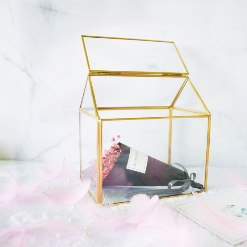 Geometric Glass Decor Terrarium Centerpiece Tabletop Planter Handmade Copper House Shape Flower Pot for Succulents