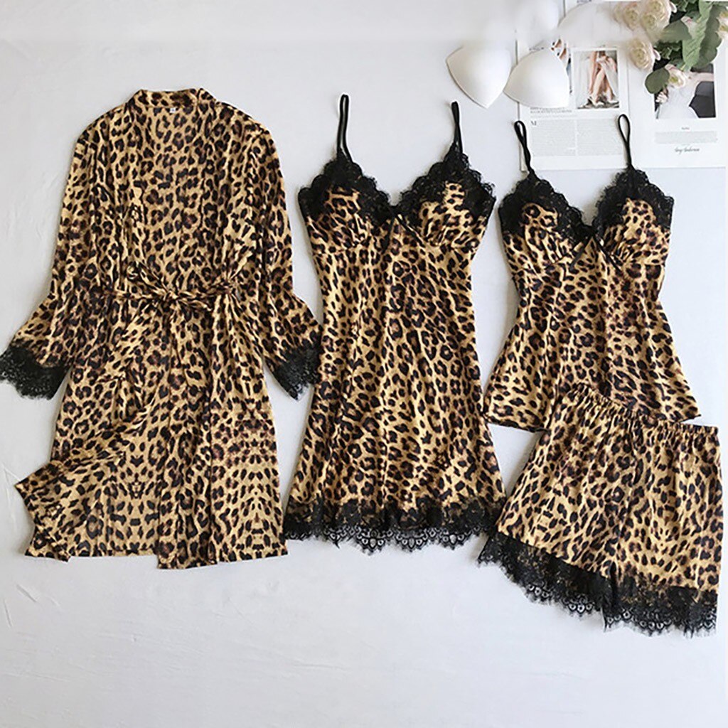 4Pc Vrouwen Pyjama Gewaad Sets Kant Nachtkleding Pak Homewear Nachtkleding Sexy Zijde Satijn Gown Top Shorts Nachthemd plus Size # T3G: L