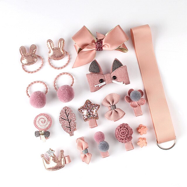 18 Pcs Hair Clip Set Cute Hair Accessories Girl Cartoon Hair Clip Headwear Bow Flower Animal Hairpin Hair Ring Elastic Headdress: Rose Red