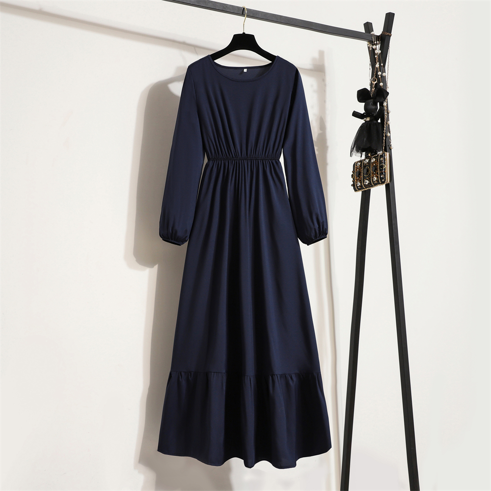 Women Long Dress Spring Autumn Mujer Vestidos Solid Full Sleeve O-neck Casual Chiffon Dresses Muslim Solid Loose Maxi Dresses: S / Navy Blue
