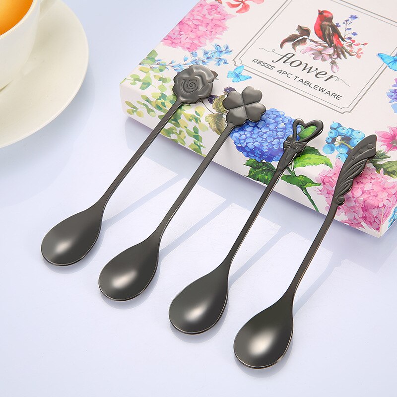 4 Stks/partij Koffie Lepels 12.4 Cm Tiny Lepels 304 Rvs Klavertje Vier Lepel Dessertlepel Set Serveren lepel