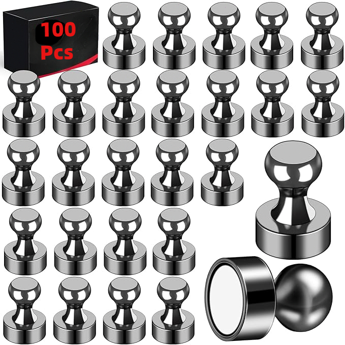 Black Neodymium Magnetic Push Pins - Strong Refrigerator & Whiteboard Magnets for Office, Kitchen & Map Use