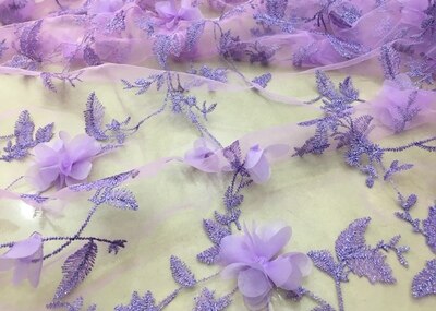 1m broderede børnetøj blonder stof tredimensionelt blomstermesh chiffon stof diy håndlavet kjole tøj: Lilla