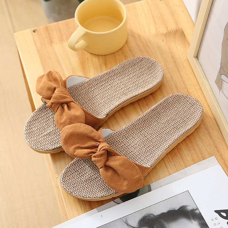 Suihyung kvinder sommerfugleknude hjemmesko blødt linned damer casual slides flade sandaler sommer indendørs sko skridsikre flip flops: Khaki / 8