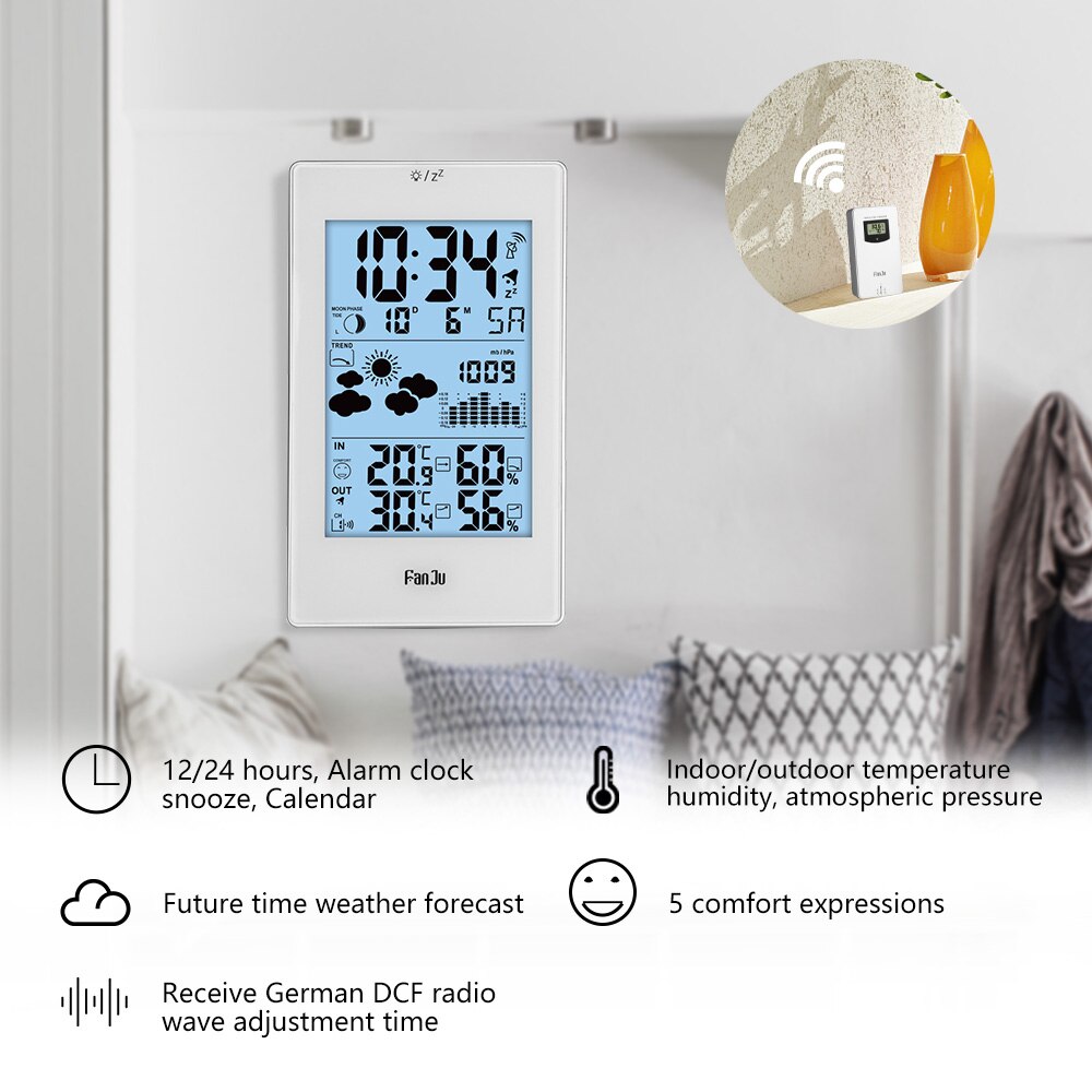 FanJu-Station météo avec baromètre, humidité, capteur d'extérieur, alarme et alarme, alarme, alarme, alarme, alarme, horloge numérique, FJ3352