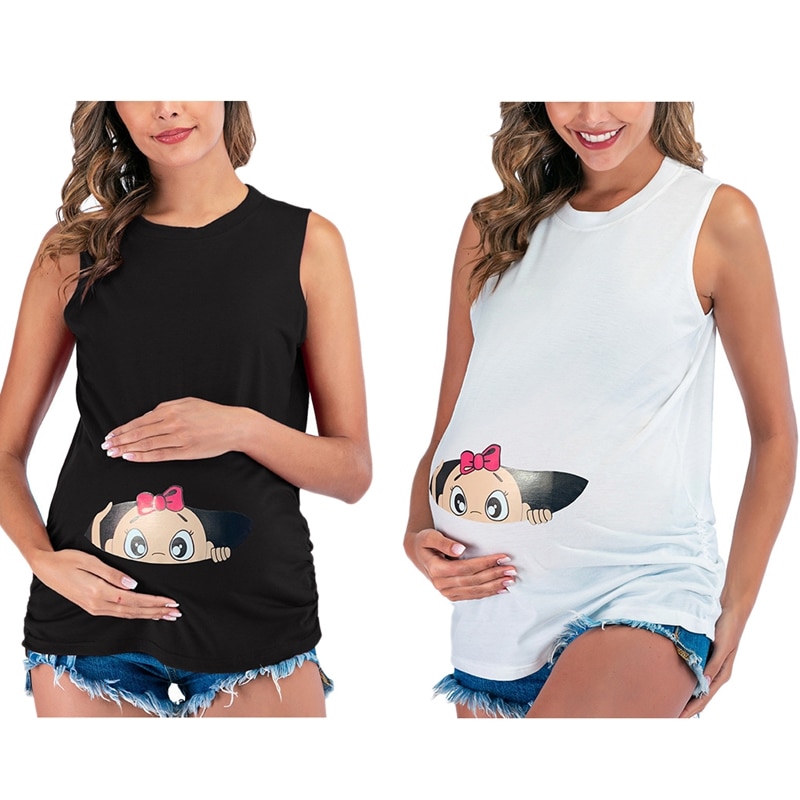 Maternity Vest Sleeveless Clothes Cute Cartoon Baby Print Tops Casual Pregnant T-Shirt Pregnancy Clothes
