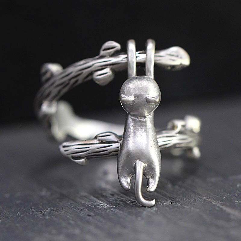 Joiashome thaise zilveren ring met 925 verstelbare sieraden voor vrouwen, kat, klimtak, schattig kitten, onderdeel sieraden: Default Title