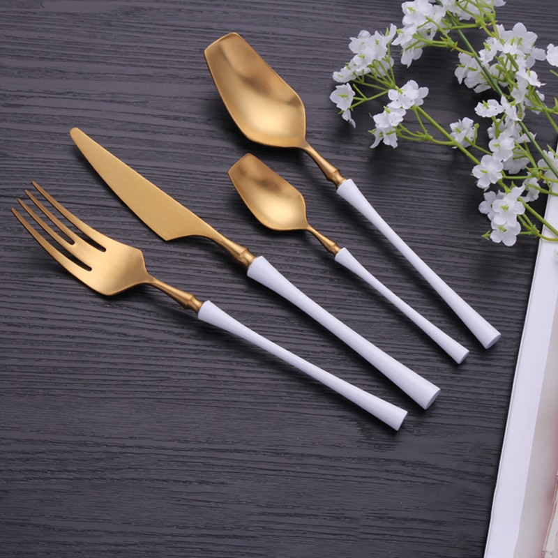 Lyxiga servisset gyllene bestick 304 rostfritt stål bestick middagsset vitguld sked gaffel kniv bestick kit servis set