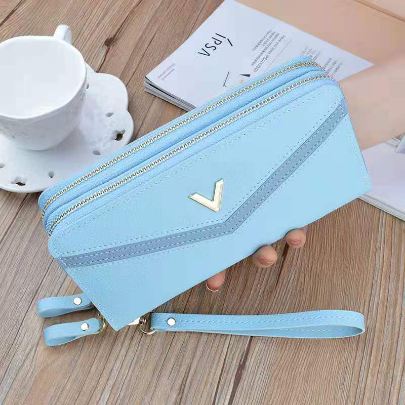 Women&#39;s wallet V Ladies mobile phone bag long ladies clutch bag star Double zipper hand strap bag Multiple color 697: blue  v v 697