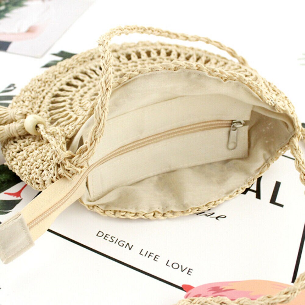 Strozak Rotan Geweven Ronde Kwastje Messenger Handtas Schoudertas Tote Purse Rits Zak Ronde Pluizige Geweven Tote Handtas