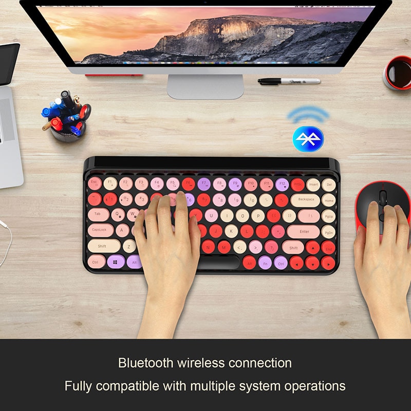 2.4G Wireless Bluetooth Keyboard Mouse Set Retro Round Keycap 3 Adjustable DPI Mouse For Smart Phone Tablets Lipstick Keyboard