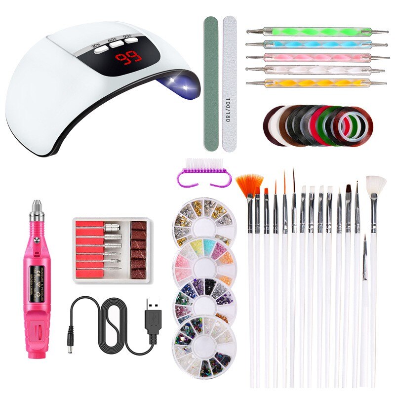 40 stuks nagelset uv led lamp droger met manicure pen gellak strass steentjes kit gereedschapsset elektrische machine boor nagelkunst gereedschap: 15 witte