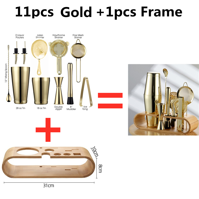 13 pçs/set aço inoxidável cocktail shaker gelo tong mixer bebida boston bartender browser kit barras conjunto ferramentas barra profissional: 11 Gold 1 Frame