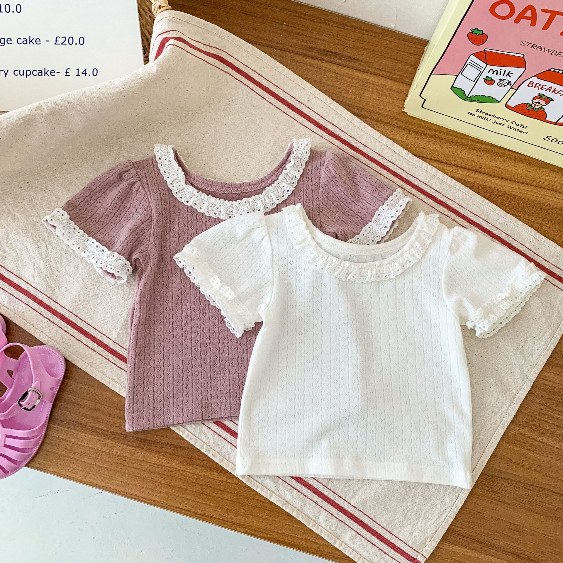 2314A Baby T Shirt 2022 Sommer Kurzarm Spitze Patchwork Mädchen T-Shirt Persönlichkeit Flut Koreanische Spitze Süße T Hemd Spitzen