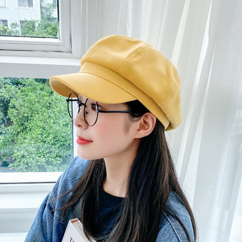 Women Hat Autumn Retro Octagonal Newsboy Cap Ladies Solid Plain Cotton Beret Hat Female Vintage Artist Painter Hat Women Berets: Yellow