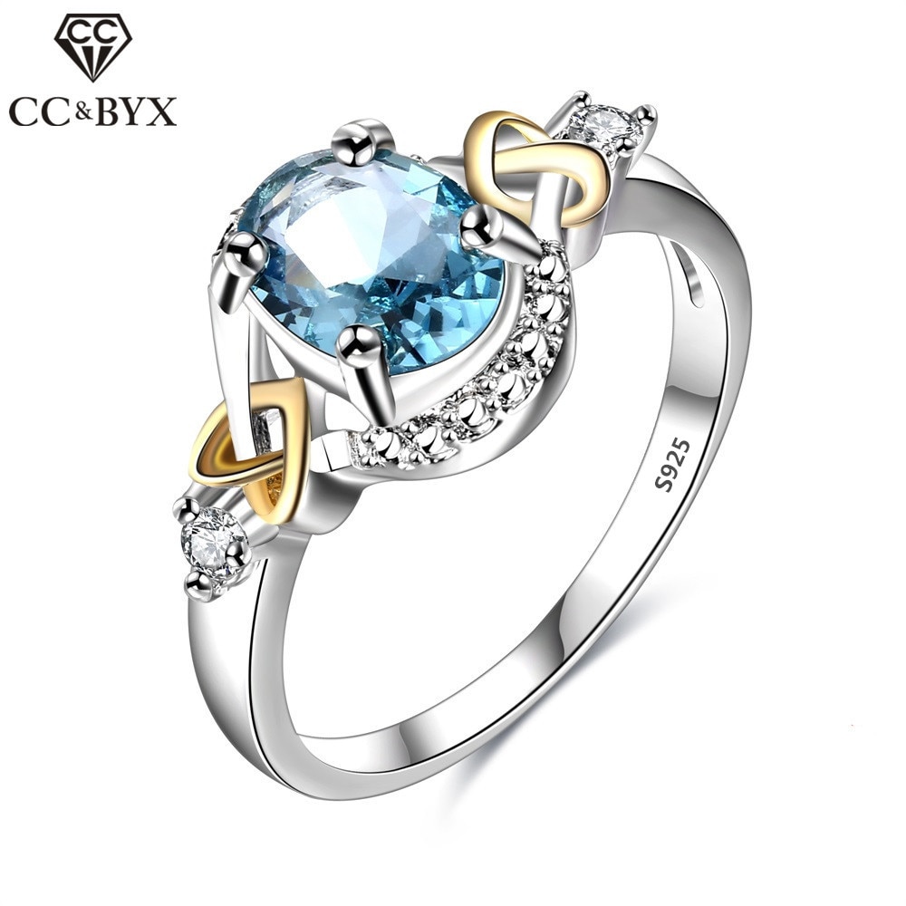 Joyería CC, joyería de plata de ley 925, anillo de circonita azul cielo ovalado a la para mujer, accesorios elegantes, anillos de de compromiso CC542