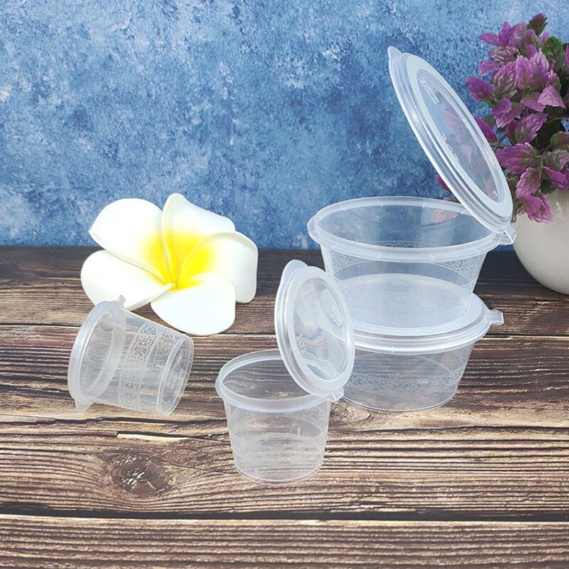 100pcs Transparent mini thick taste plastic cup small round box takeaway packaging cups with lid kitchen accessories