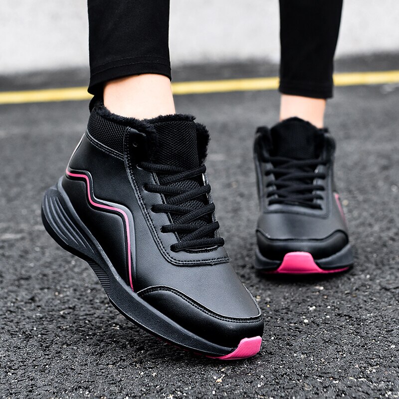 Winter Women's Shoes Plus Velvet Mid-cut Non-slip Walking Shoes Outdoor Trend Women Causal Sneakers All-match: bk-pink / 5