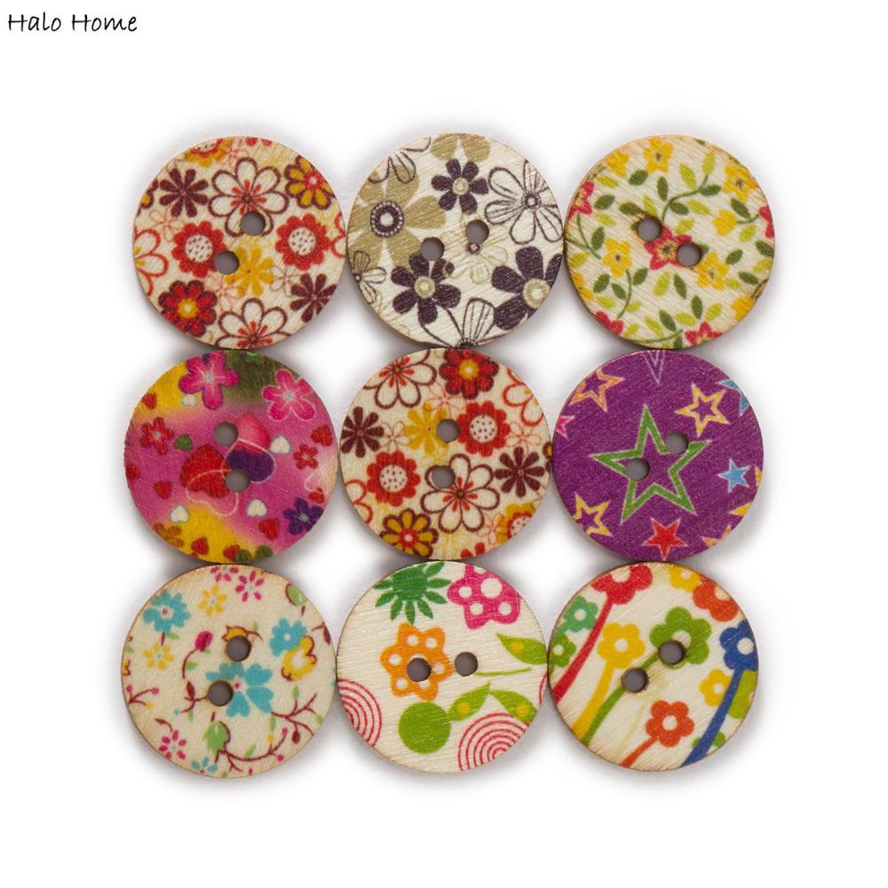 Botones redondos de madera de la serie de flores, accesorios para manualidades de ropa, álbum de recortes, costura hecha a mano, tarjeta de , decoración DIY, 15-25mm, 50 Uds.