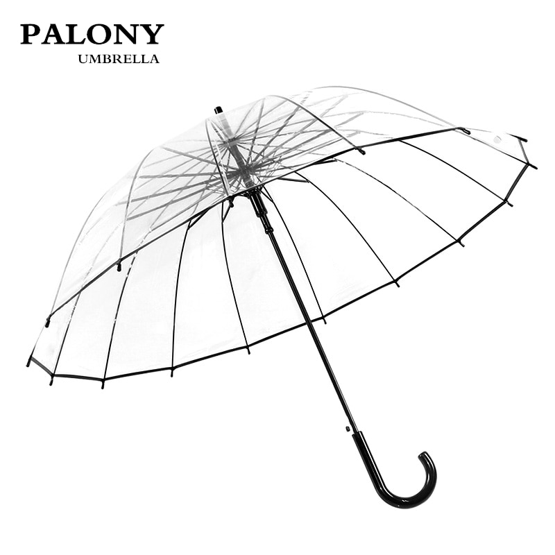 Palony stort langt håndtag 16 rib gennemsigtig paraply mand kvinde regn solid automatisk regnfuld klar