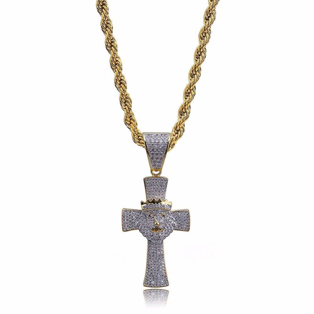 Hip Hop rapero Micro AAA + CZ hielo Bling oro corona León colgantes de Cruz collar de Signet para hombre joyería
