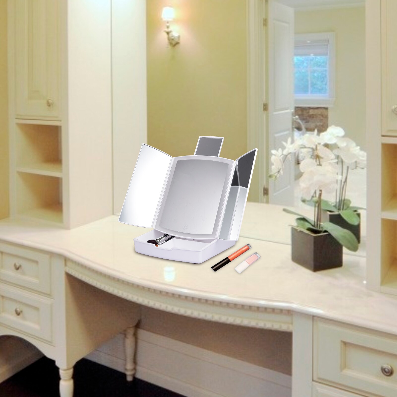 Lighted Makeup Mirror Trifold Vanity Mirror Touch Screen Dimming with Storage Tray ang 5x Magnification mirror