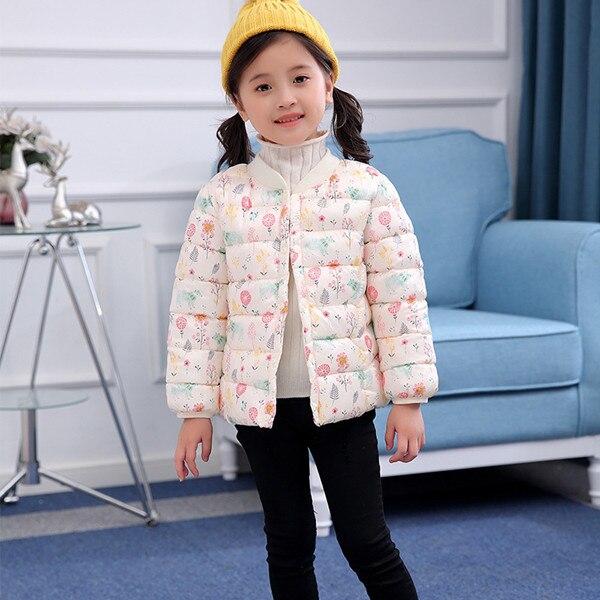 girls cotton coat autumn and winter baby warm floral small cotton jacket children warm down cotton jacket: Beige / 3T