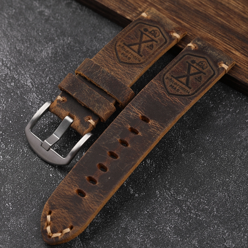 Handgefertigtes erstes Schicht-Rindsleder-Uhrenarmband 20 22 23 24 26 mm braunes gepolstertes Lederarmband für PAM111 441 weiches Herrenarmband: Schwarz Weiß / 22mm