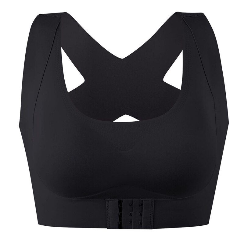 Women Humpback Corrected Seamless Latex Bra Underwear Solid Two-in-One Gathering Adjustable Front Buckle Bra: Black / XL