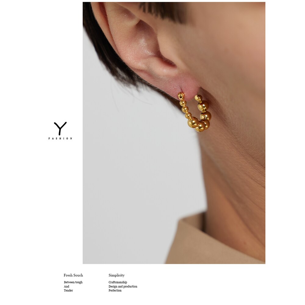 Yhpup Rvs Bead Oorringen Eenvoudige Gold 18 K Plated Ronde Hollow Oorbellen Бижутерия Для Женщин Party