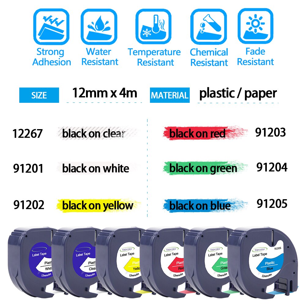 Topcolor 91201 91331 Voor Dymo Letratag Label Tapes Zwart Op Wit Plastic Sticker Voor Dymo LT-100H LT-100T QX50 Xr Label maker