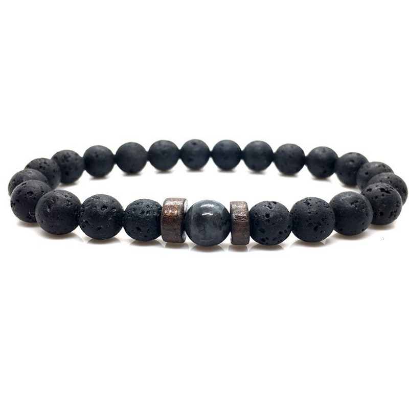 Pulsera de piedra volcánica para hombre, brazalete con cuentas negras, cuerda elástica, , joyería