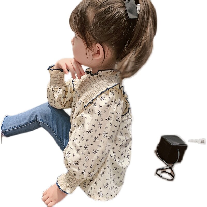 Ropa de manga larga para niñas pequeñas, Blusa de flores de primavera, camisas florales fruncidas, Top de estilo coreano