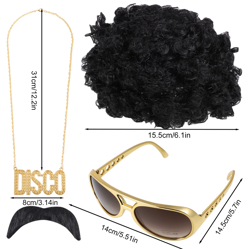 Conjunto de joyería de disfraz, peluca Afro sintética, collar de gafas de sol para temática de los años 50, 60 y 70, accesorios de ropa de estilo años 80 para hombres