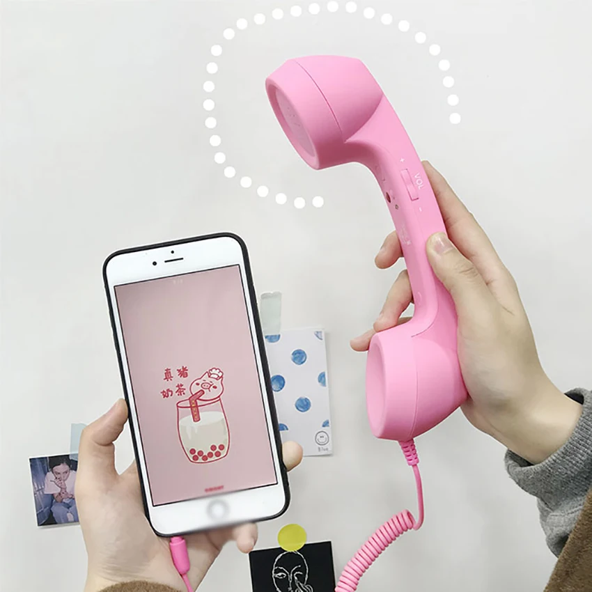 Mobiele Telefoon Handset, Retro Telefoon Handset Verstelbare Volume Ontvangers Mic Microfoon 3.5Mm Voor Mobiele Telefoons, Computer: Pink