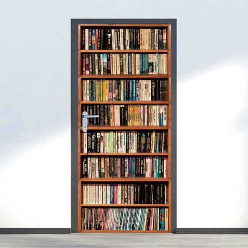 3D Door Sticker Bookshelf Bookcase Wallpaper Self Adhesive Wall Mural 87HA