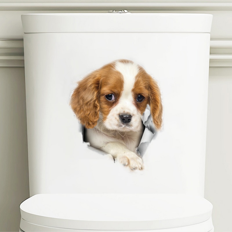 Schattige Puppy Muurstickers Voor Badkamer Home Decoratie Behang Woonkamer Decor Dier Muurschildering 3D Fun Hond Wc Sticker