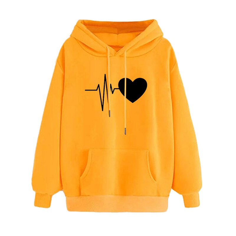 Autumn Women Hoodies Long Sleeve Cotton Gym Sweater Boyfriend Style Heart Gesture Hooded Sweatershirt Loose Pullover Tops: M / Yellow