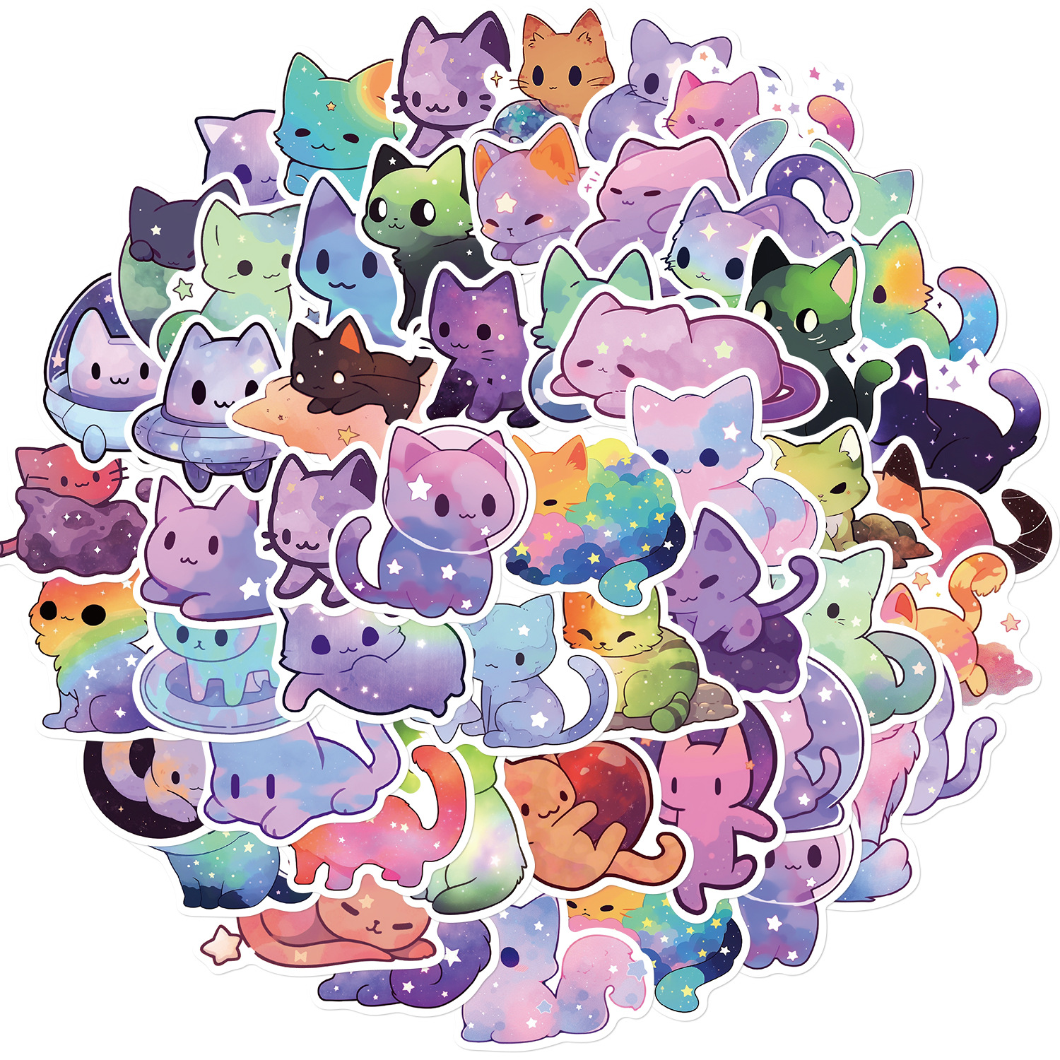 50Pcs Kawaii Cartoon Starry Sky Cats Stickers Colorful Cat DIY Stickers Scrapbooking Phone Luggage Skateboard Waterproof Decals