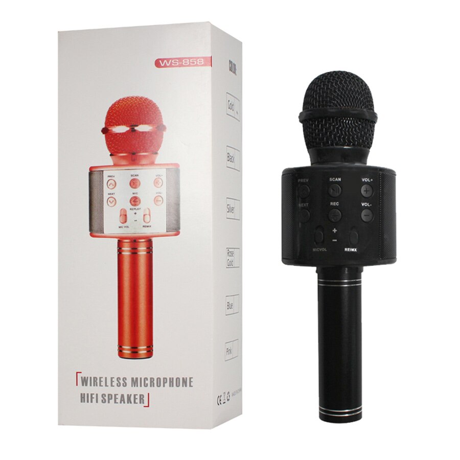 WS-858 Bluetooth Wireless Microphone Handheld Karaoke Mic USB Mini Home KTV For Music Playing Singing Speaker Player: Black