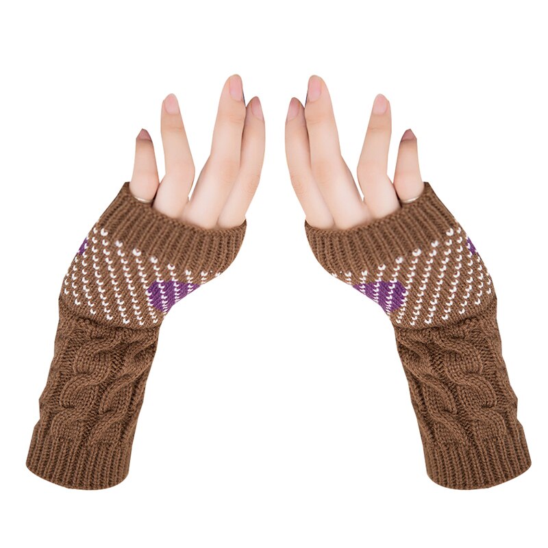 1 Pair Winter Heart Printing Half-finger Gloves Women Stylish Thick Warm Knitted Arm Wrist Warmer Fingerless Cute Gloves: Auburn