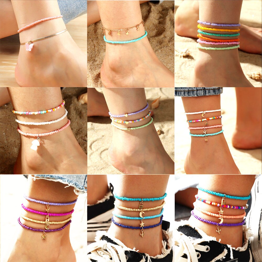Boho Candy Beads Charm Multilayer Anklets Star Butterfly Key Pendant Handmade Foot Chain Bracelet Barefoot Beach Jewelry Bijoux